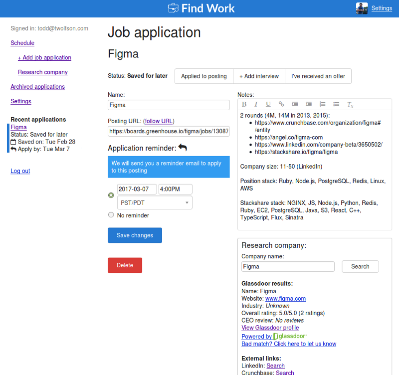 Example application with saved research notes